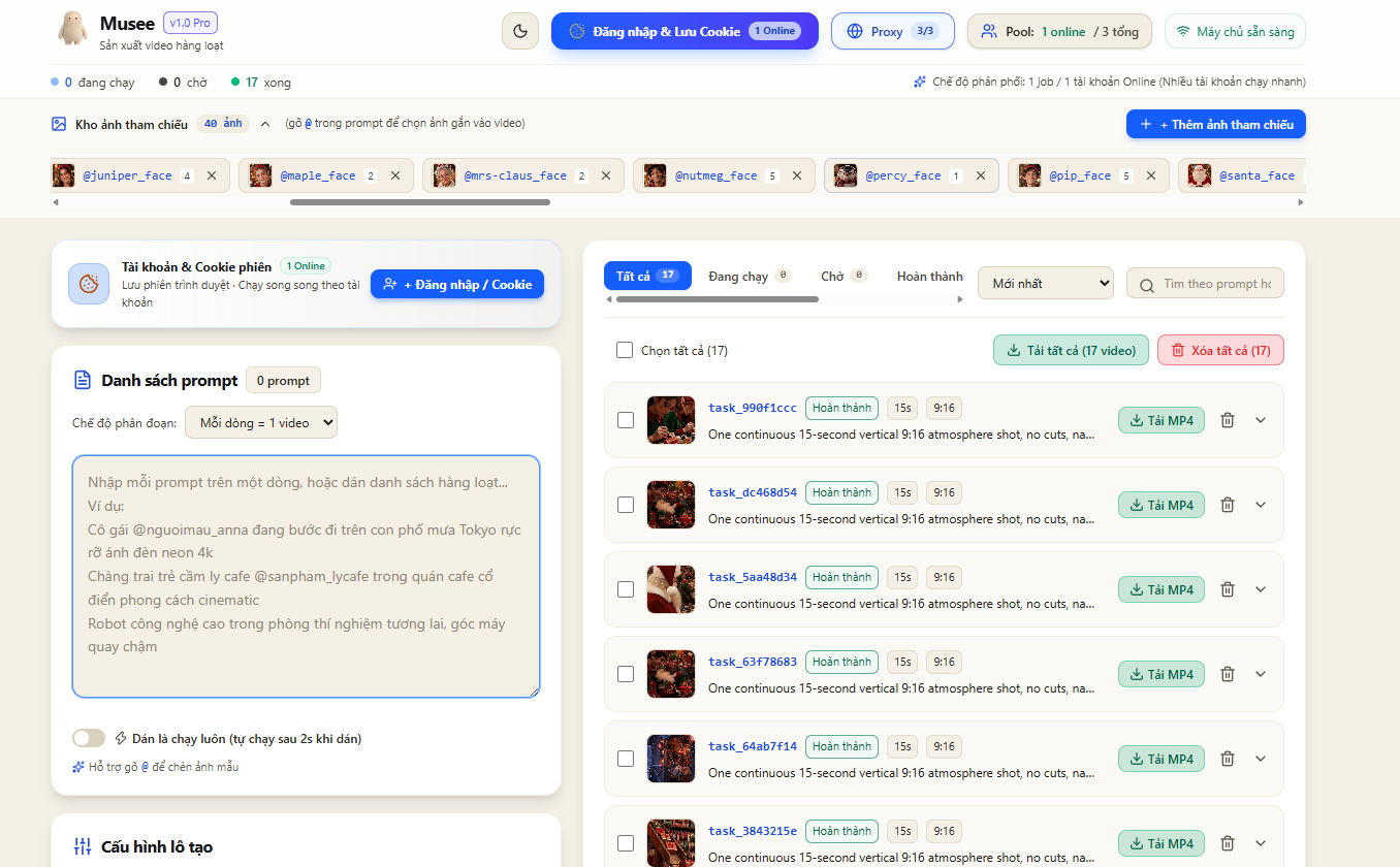 Musee app: reference image library, prompt list and finished videos with a Download MP4 button